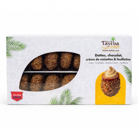 Dátiles con Chocolate, Crema de Avellanas y Feuilletine Crujiente – 200g