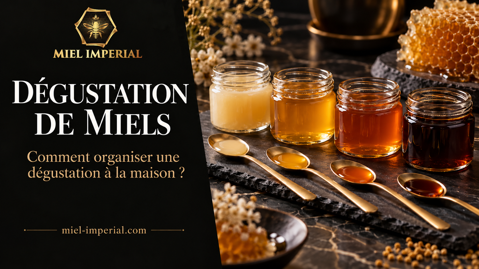 Dégustation de quatre miels à la maison avec cuillères et fiches sensorielles